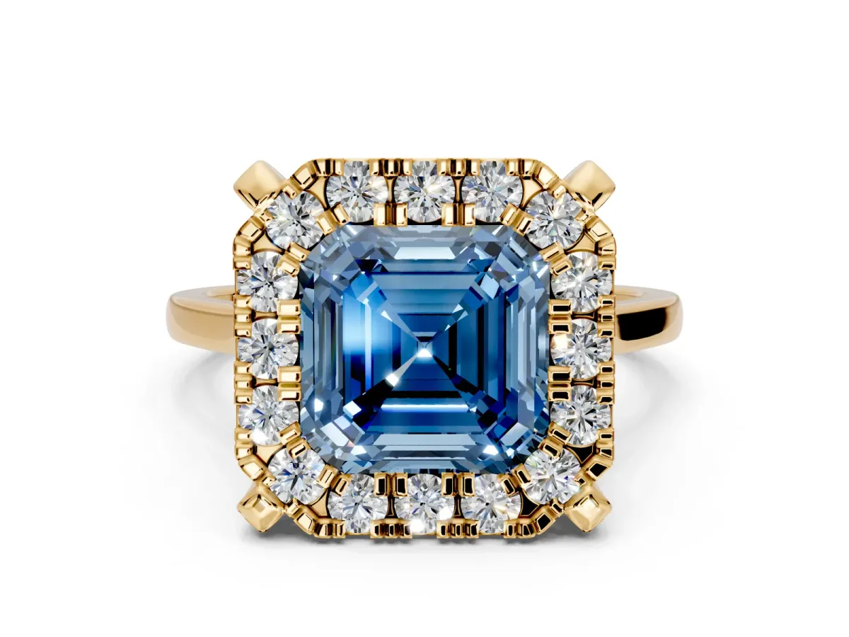 Single Halo Engagement Ring Setting for Fancy Blue Asscher Cut Center with Corner Claws, Plain Band and Prong Head in Yellow Gold