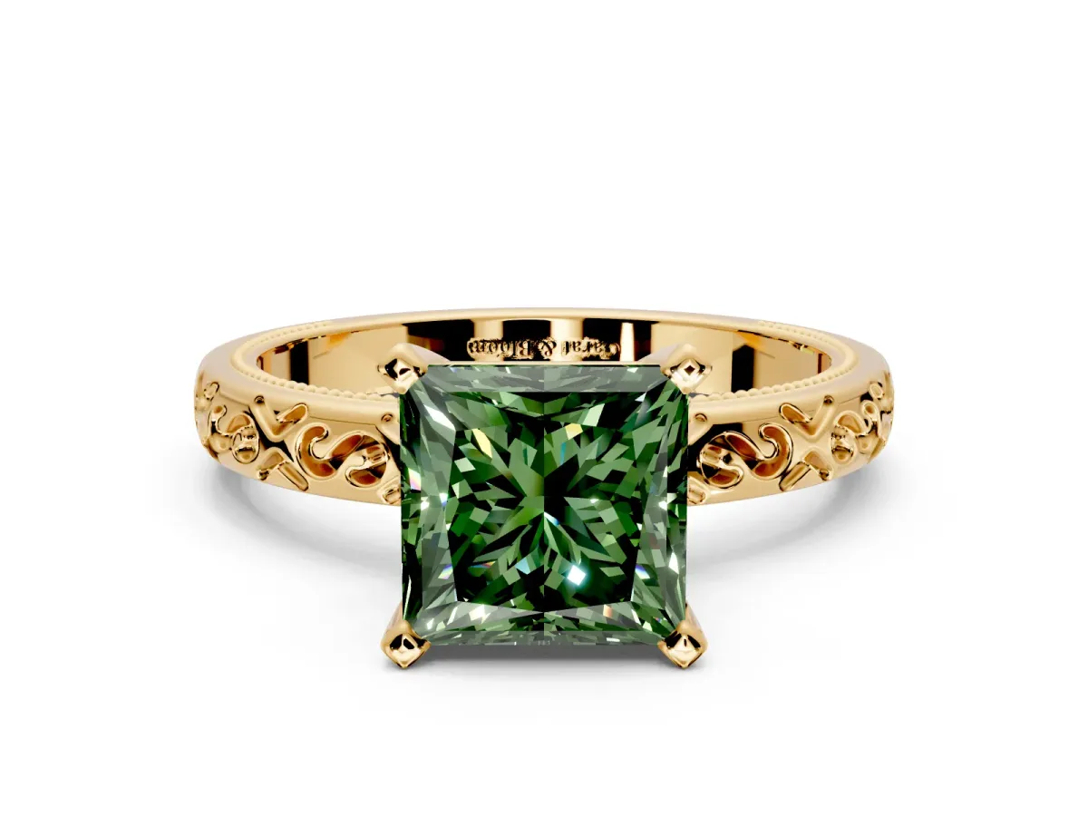 Solitaire Engagement Ring Setting for Fancy Green Princess Cut Center with Scrollwork Band and Prong Head in Yellow Gold