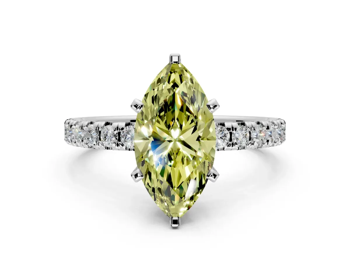 Solitaire Engagement Ring Setting for Fancy Yellow Marquise Center with Large Accents and Prong Head in White Gold