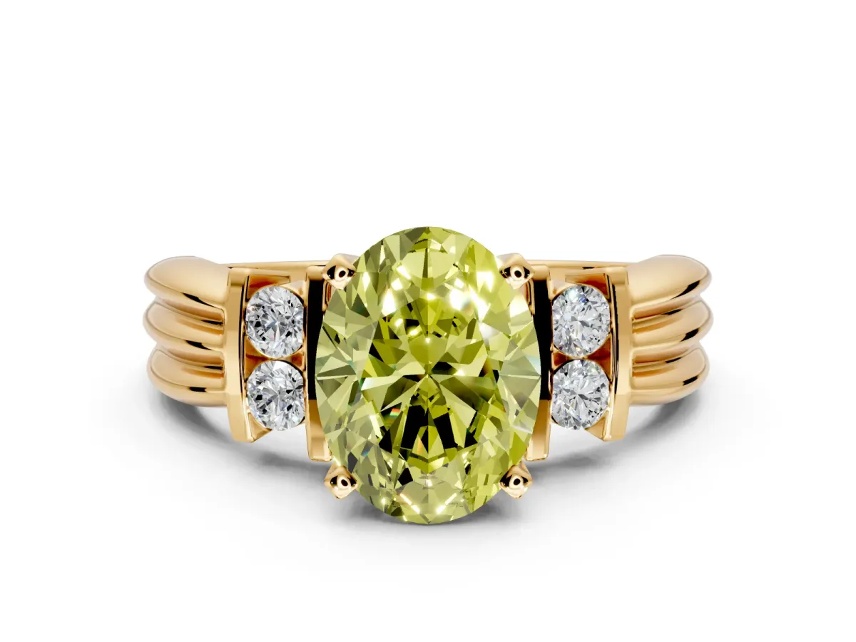 Solitaire Engagement Ring Setting for Fancy Yellow Oval Center with Grooved Bar Accent Band and Prong Head in Yellow Gold