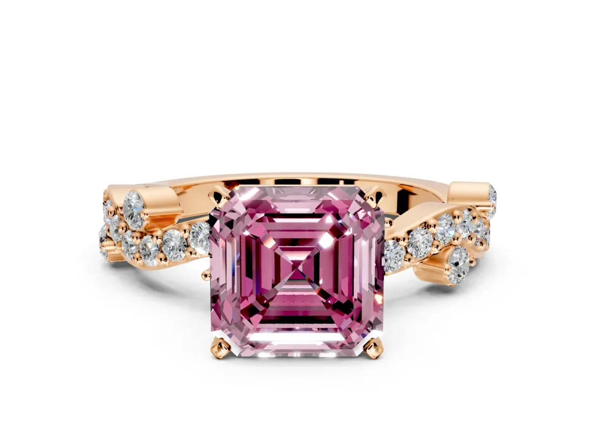 Solitaire Engagement Ring Setting for Fancy Pink Asscher Cut Center with Bar-Station Pave Twist and Prong Head in Rose Gold