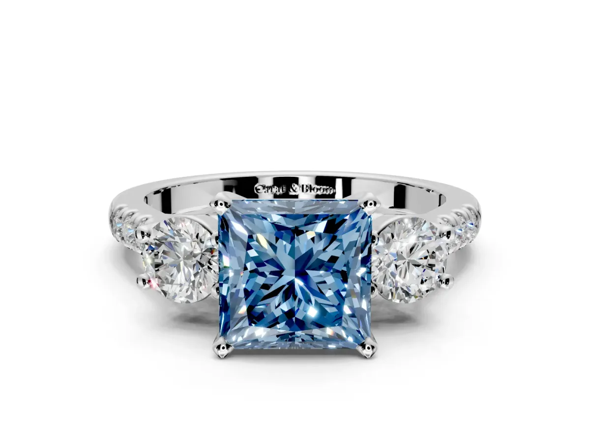 3 Stone Engagement Ring Setting for Fancy Blue Princess Cut Center with Crossover Basket, Pave Band and Prong Head in Platinum