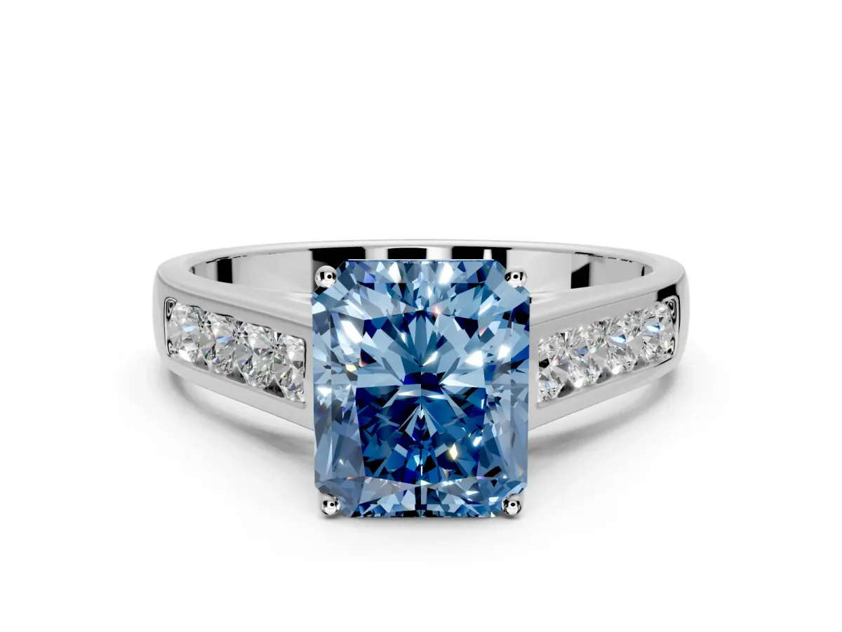 Solitaire Engagement Ring Setting for Fancy Blue Radiant Cut Center with Round Cut Channel Band and Prong Head in White Gold