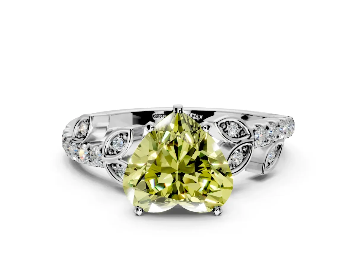 Leaf Motif Engagement Ring Setting for Fancy Yellow Heart-Shaped Center with Pave Band and Prong Head in Platinum