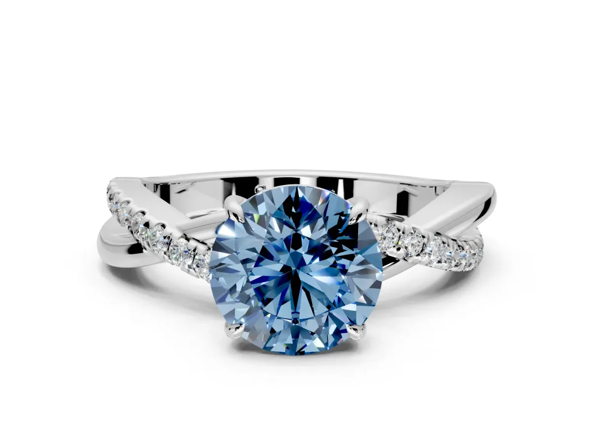 Crossover Engagement Ring Setting for Fancy Blue Round Cut Center with Pave and Plain Strands and Prong Head in Platinum