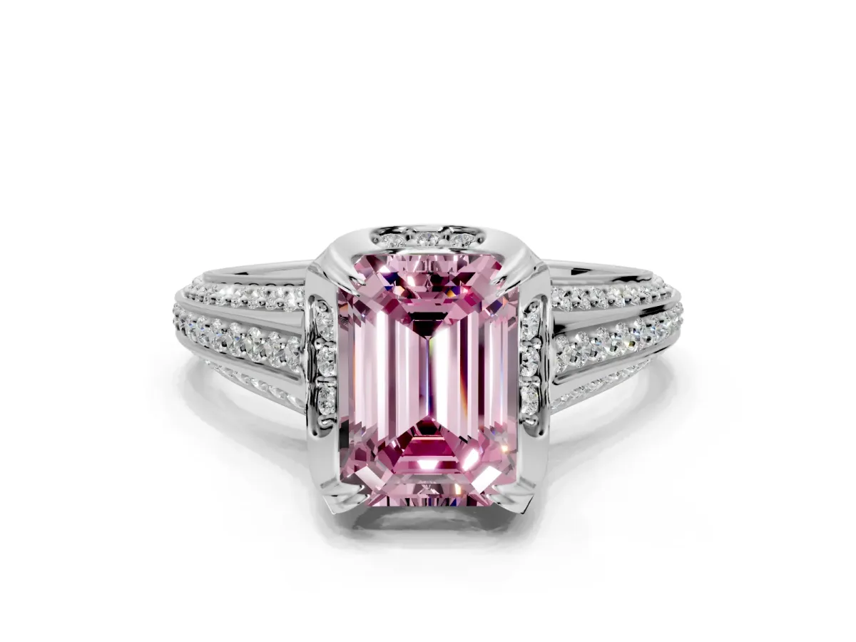 Solitaire Engagement Ring Setting for Fancy Pink Emerald Cut Center with Accented Split Shank and Prong Head in Platinum