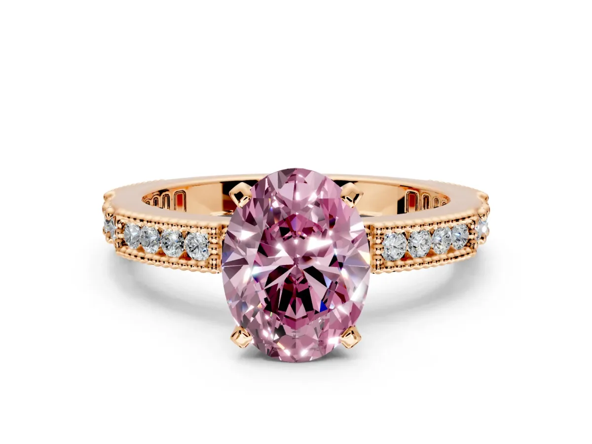 Solitaire Engagement Ring Setting for Fancy Pink Oval Center with Milgrain-Edged Pave Band and Prong Head in Rose Gold