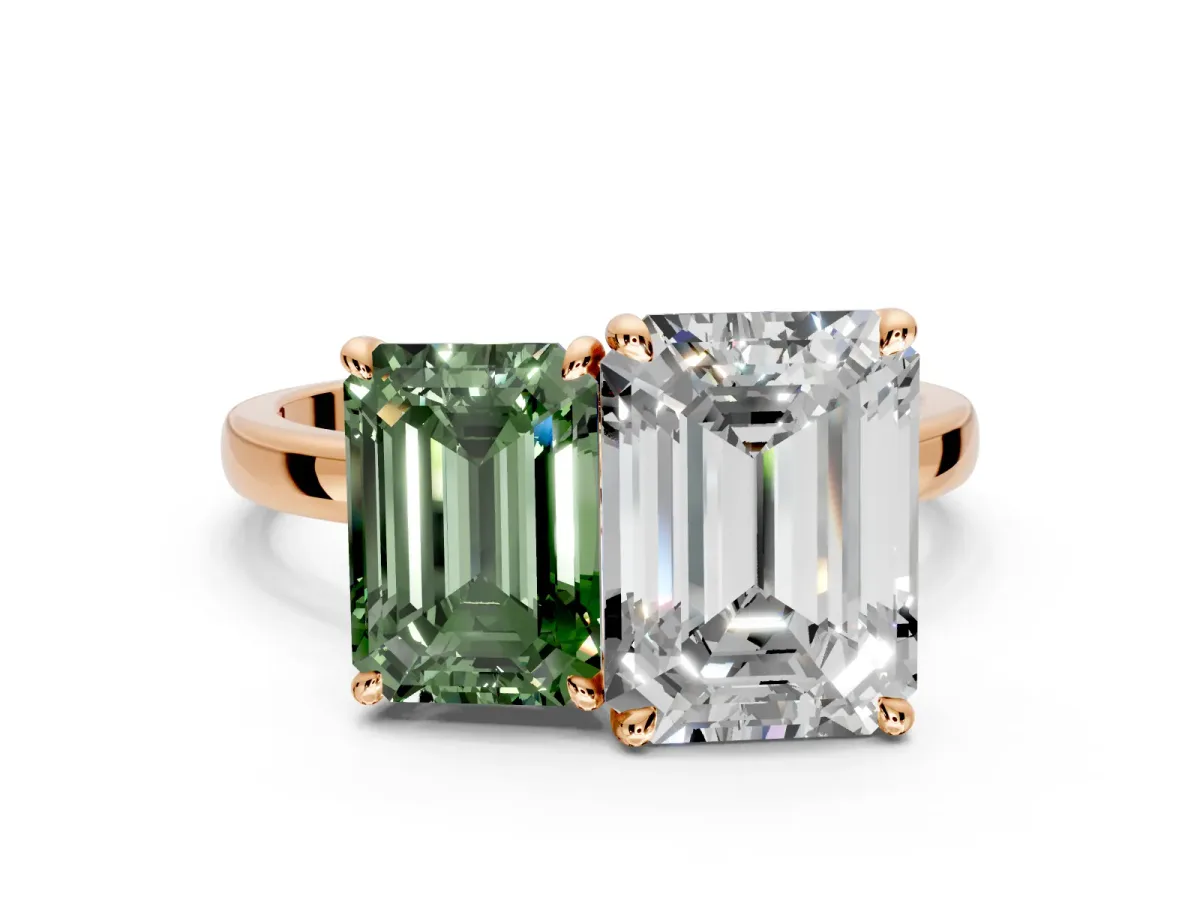 Fancy Green Emerald Cut and Emerald Cut Lab-Grown Diamond Toi et Moi Engagement Ring with Prong-Set Stones in Rose Gold