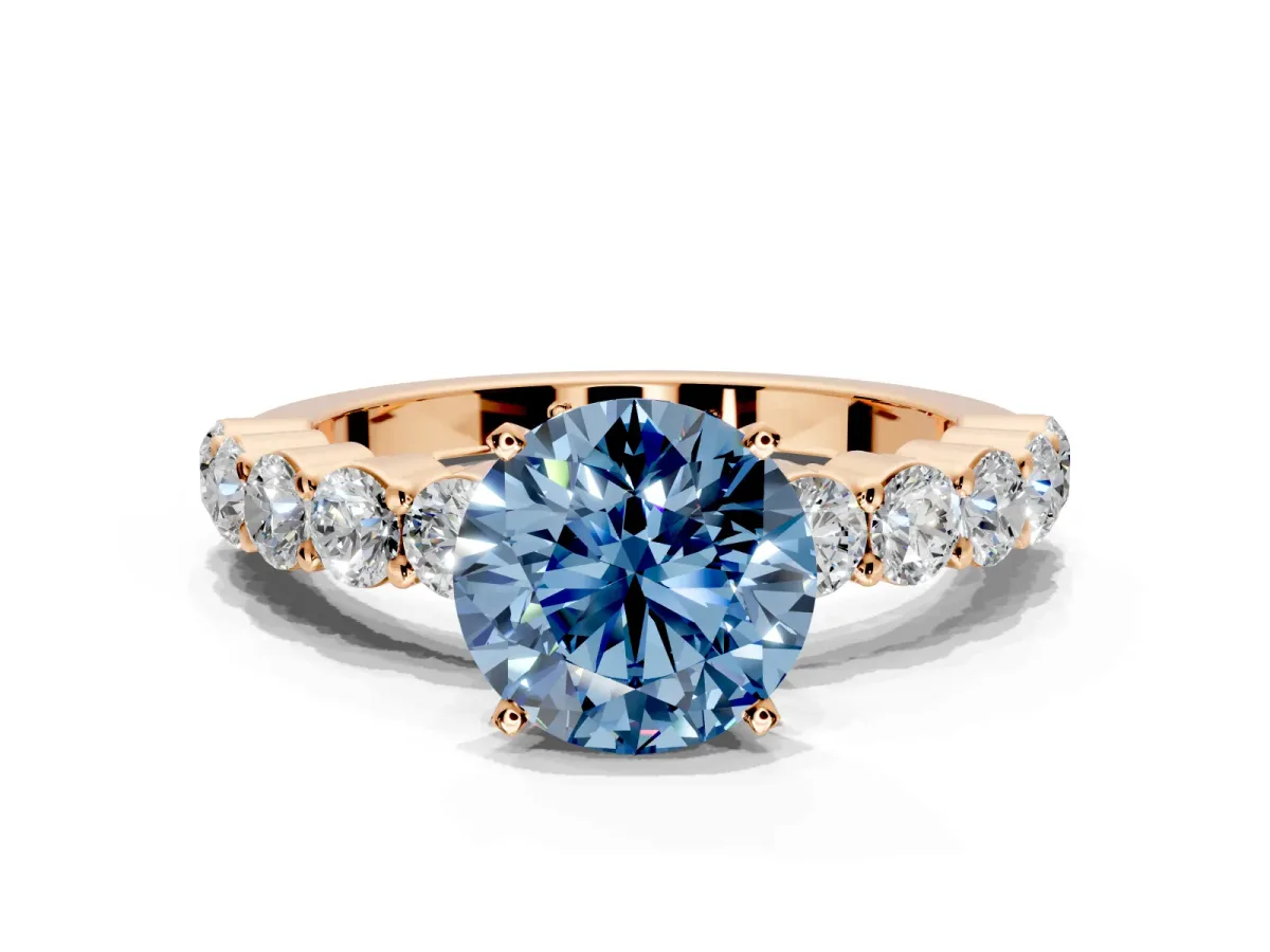 Shared-Prong Engagement Ring Setting for Fancy Blue Round Cut Center with Graduated Accents and Prong Head in Rose Gold