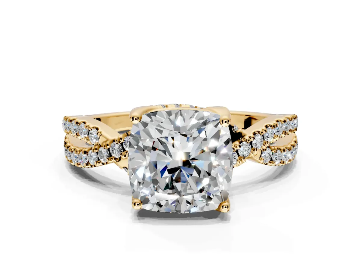 Solitaire Engagement Ring Setting for Cushion Cut Center with Narrow Twist Pave Band and Prong Head in Yellow Gold