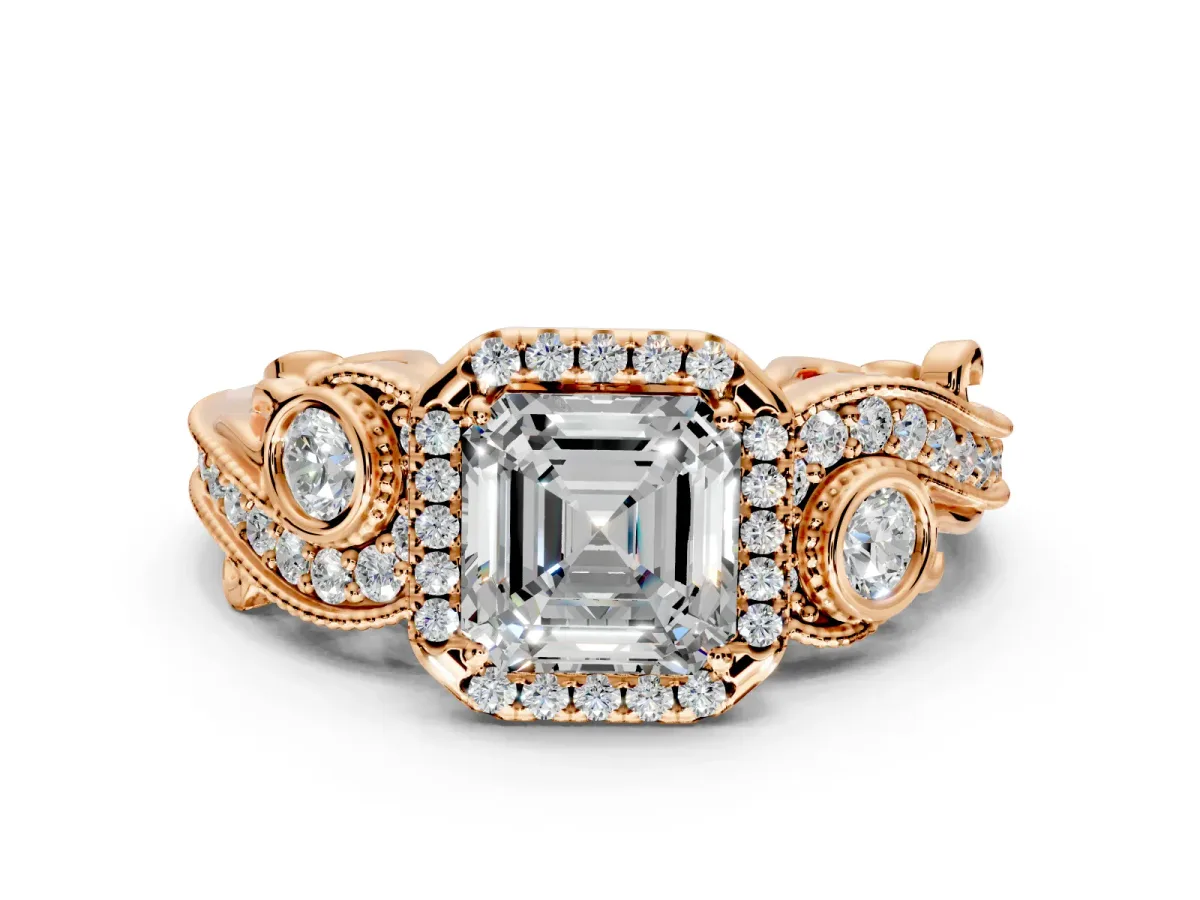 Milgrain Halo Engagement Ring Setting for Asscher Cut Center with Shoulder Bezels and Prong Head in Rose Gold
