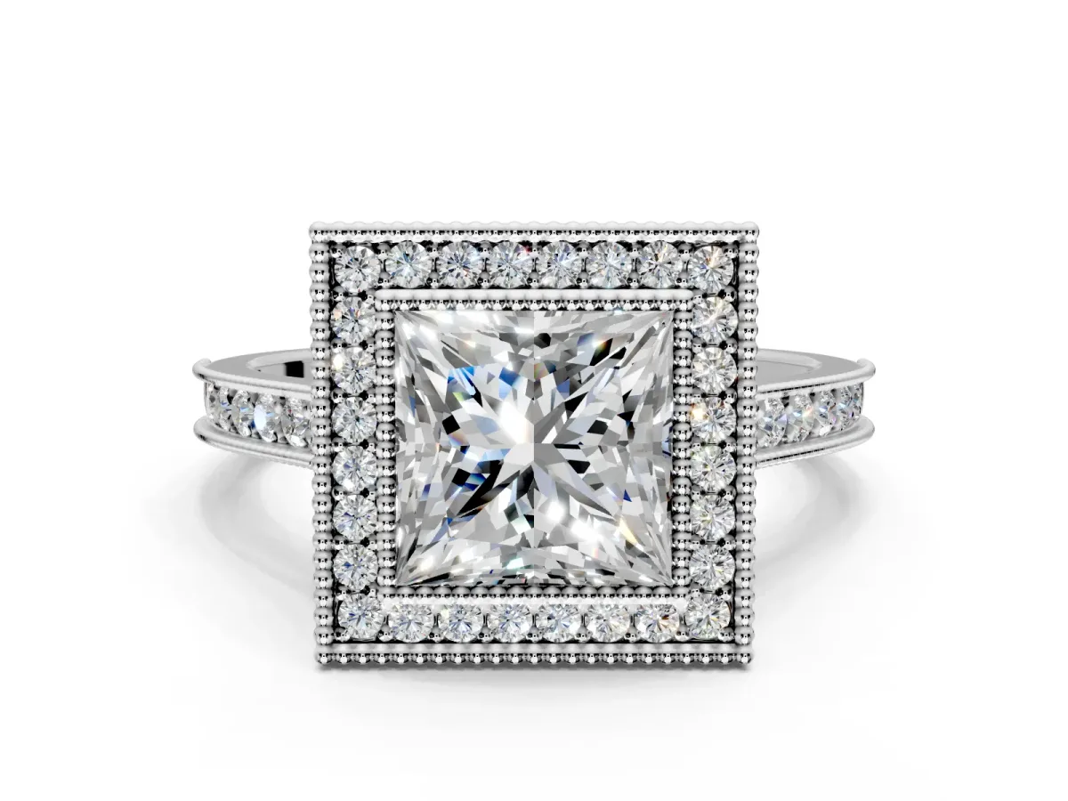 Halo Engagement Ring Setting for Princess Cut Center with Milgrain Pave Band and Bezel Head in Sterling Silver