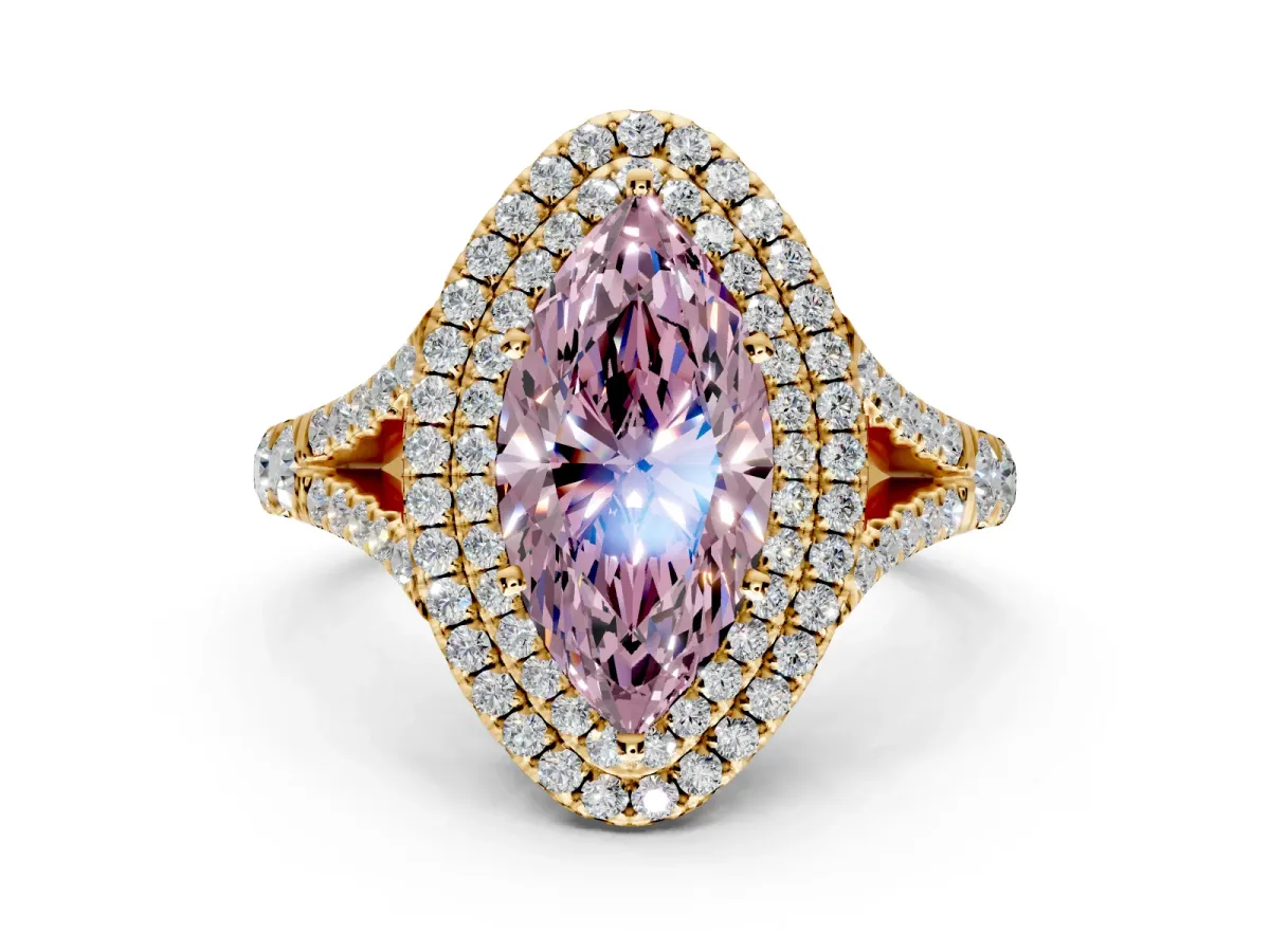 Double Halo Engagement Ring Setting for Fancy Pink Marquise Center with Narrow Pave Split Shank and Prong Head in Yellow Gold