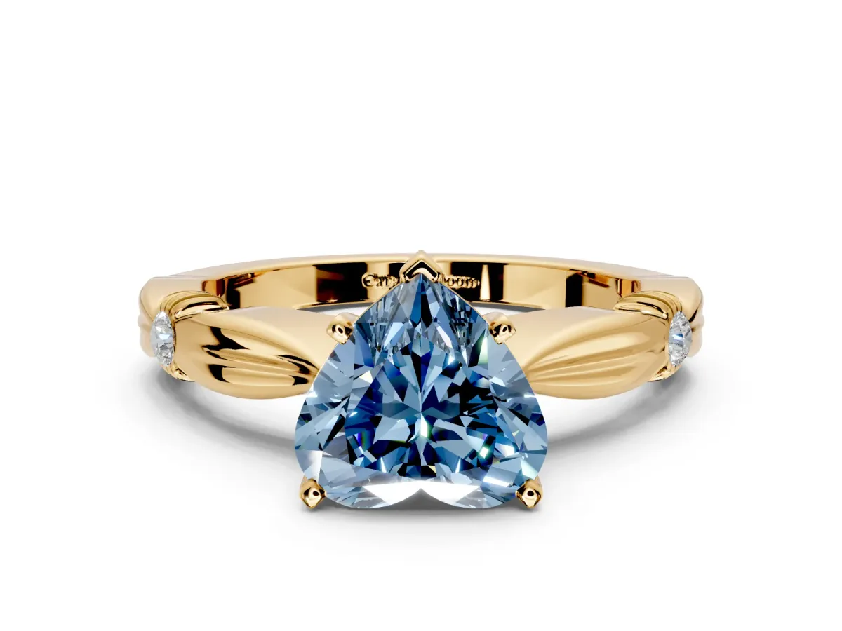 Solitaire Engagement Ring Setting for Fancy Blue Heart-Shaped Center with Carved Leaf Shoulders and Prong Head in Yellow Gold