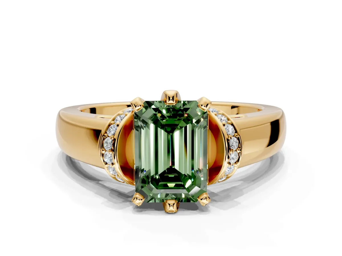 Solitaire Engagement Ring Setting for Fancy Green Emerald Cut Center with Wide Band, Pave Collar and Prong Head in Yellow Gold