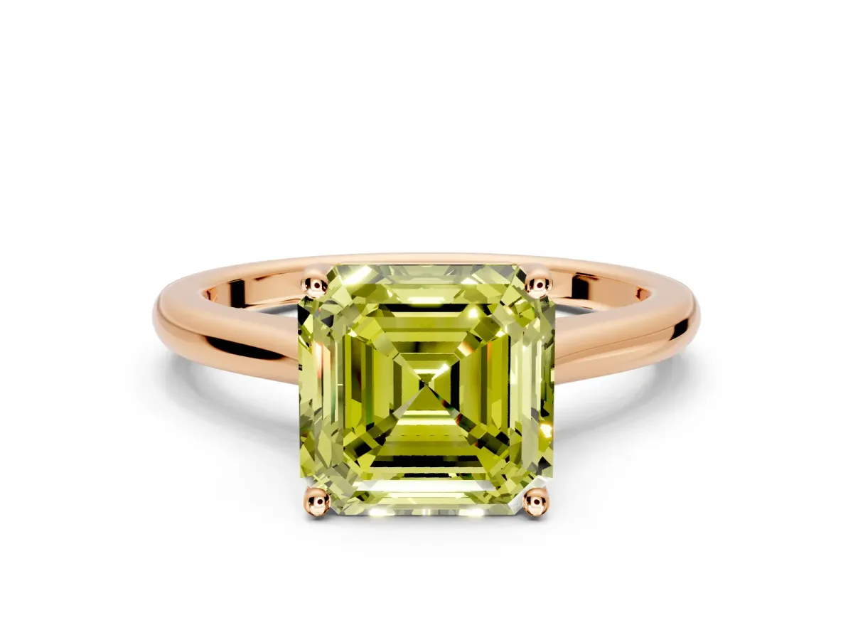 Solitaire Engagement Ring Setting for Fancy Yellow Asscher Cut Center with Narrow Cathedral Band and Prong Head in Rose Gold