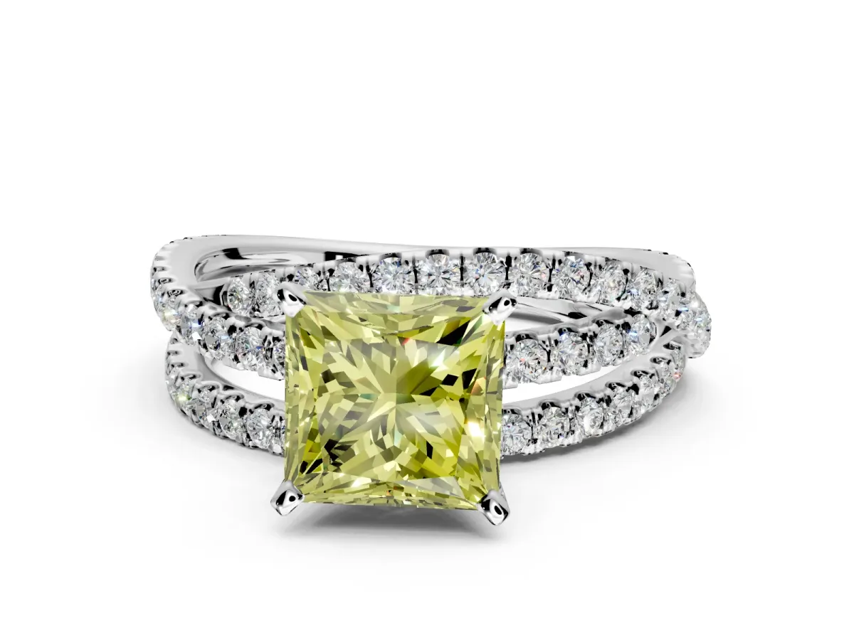 Solitaire Engagement Ring Setting for Fancy Yellow Princess Cut Center with Woven 3-Strand Pave Band and Prong Head in Platinum
