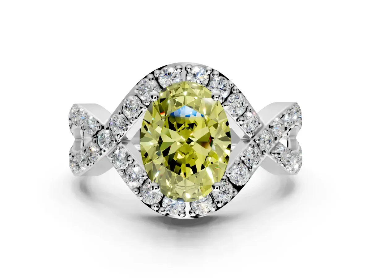 Halo Engagement Ring Setting for Fancy Yellow Oval Center with Pave Infinity Twist Band and Prong Head in Platinum