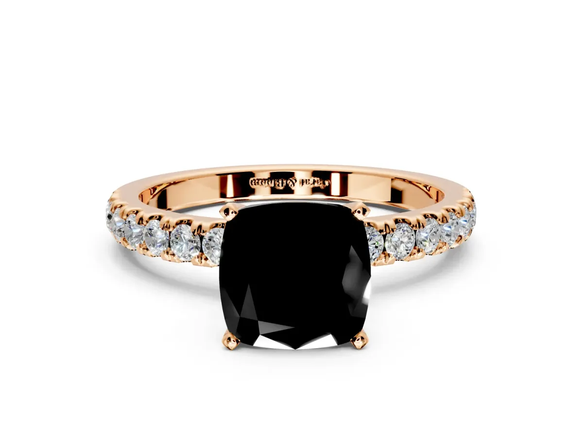 Open Basket Engagement Ring Setting for Fancy Black Cushion Cut Center with Pave Band and Prong Head in Rose Gold