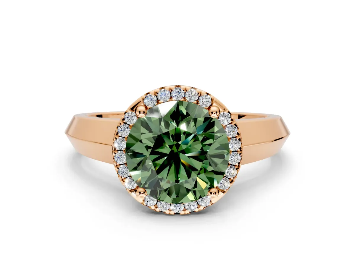 Halo Engagement Ring Setting for Fancy Green Round Cut Center with Knife Ridge Cathedral Band and Prong Head in Rose Gold