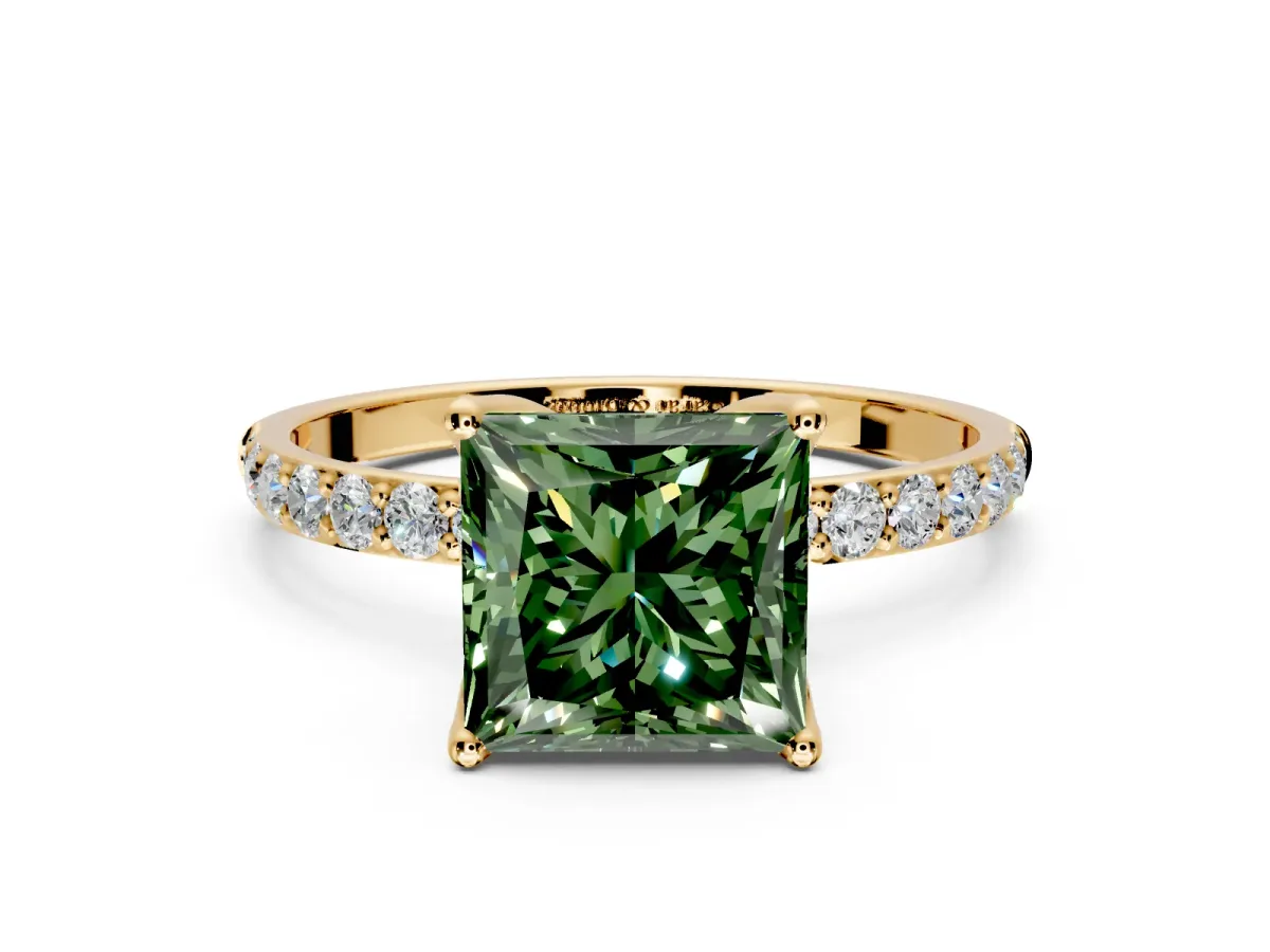 Solitaire Engagement Ring Setting for Fancy Green Princess Cut Center with Fine Pave Accents and Prong Head in Yellow Gold