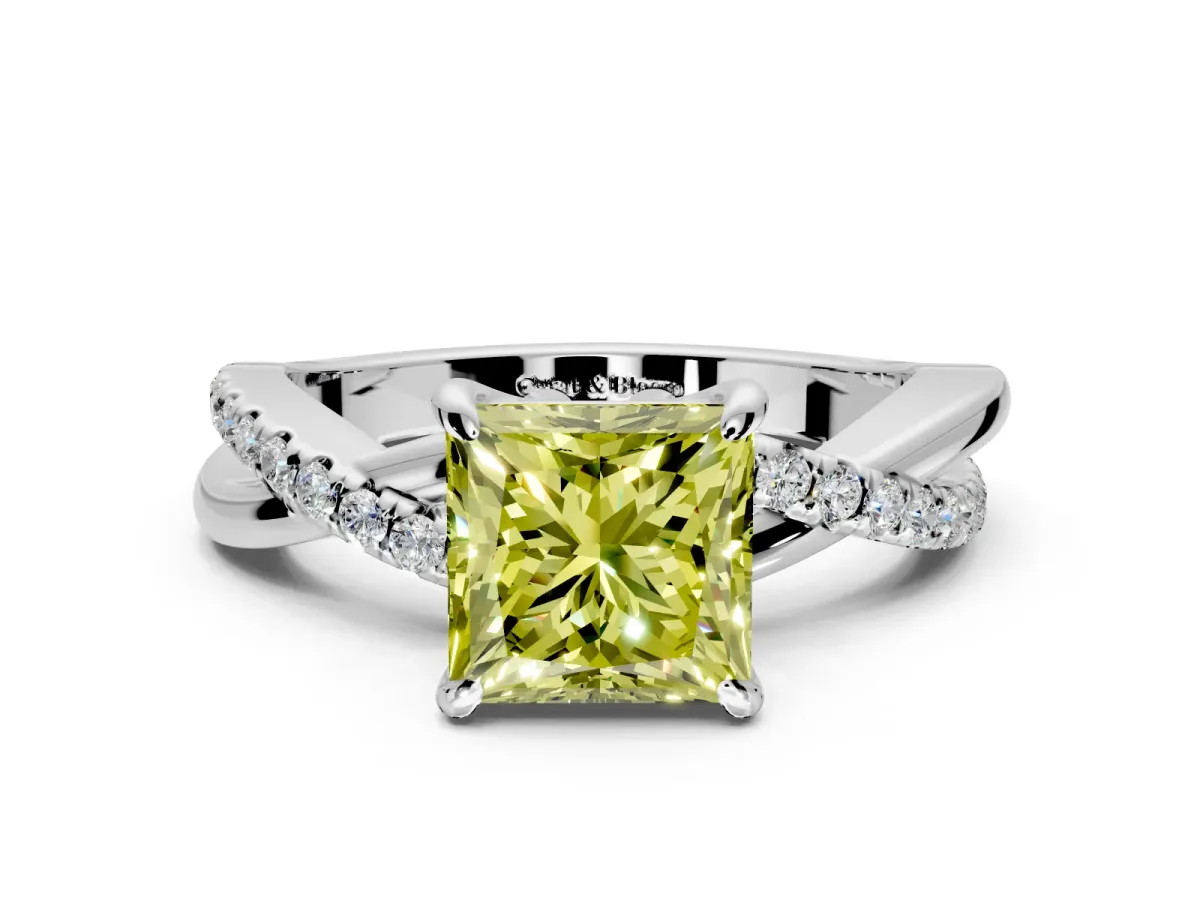 Solitaire Engagement Ring Setting for Fancy Yellow Princess Cut Center with Half-Pave Crossover Band and Prong Head in Platinum