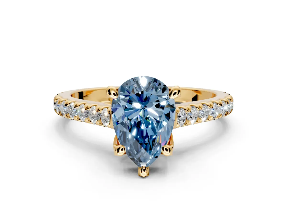 Solitaire Engagement Ring Setting for Fancy Blue Pear-Shaped Center with Widening Pave Band and Claw Prong Head in Yellow Gold