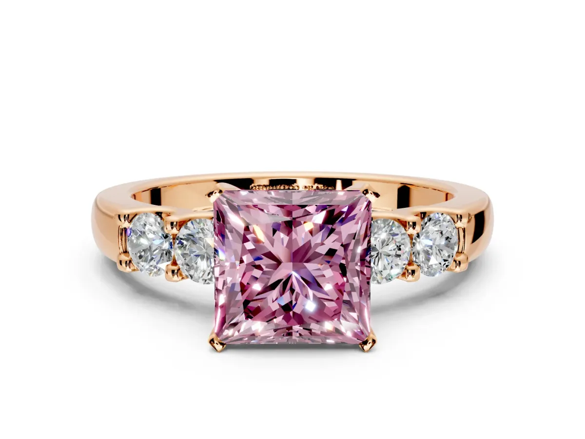 5 Stone Engagement Ring Setting for Fancy Pink Princess Cut Center with Plain Band and Prong Head in Rose Gold