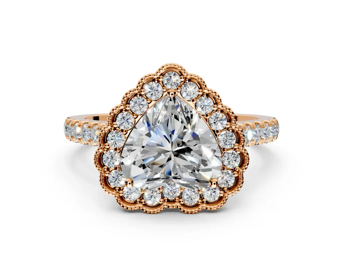 Milgrain Floral Halo Engagement Ring Setting for Heart-Shaped Center with Pave Band and Prong Head in Rose Gold