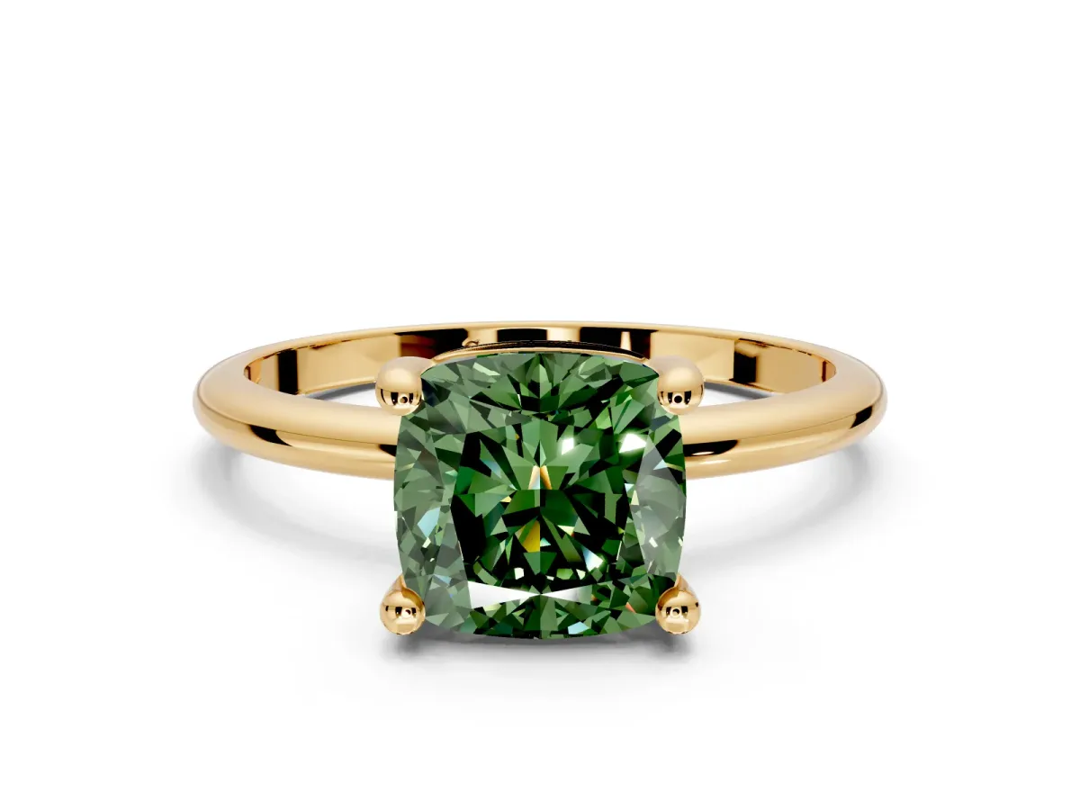 Minimalist Solitaire Engagement Ring Setting for Fancy Green Cushion Cut Center with Thin Band and Prong Head in Yellow Gold