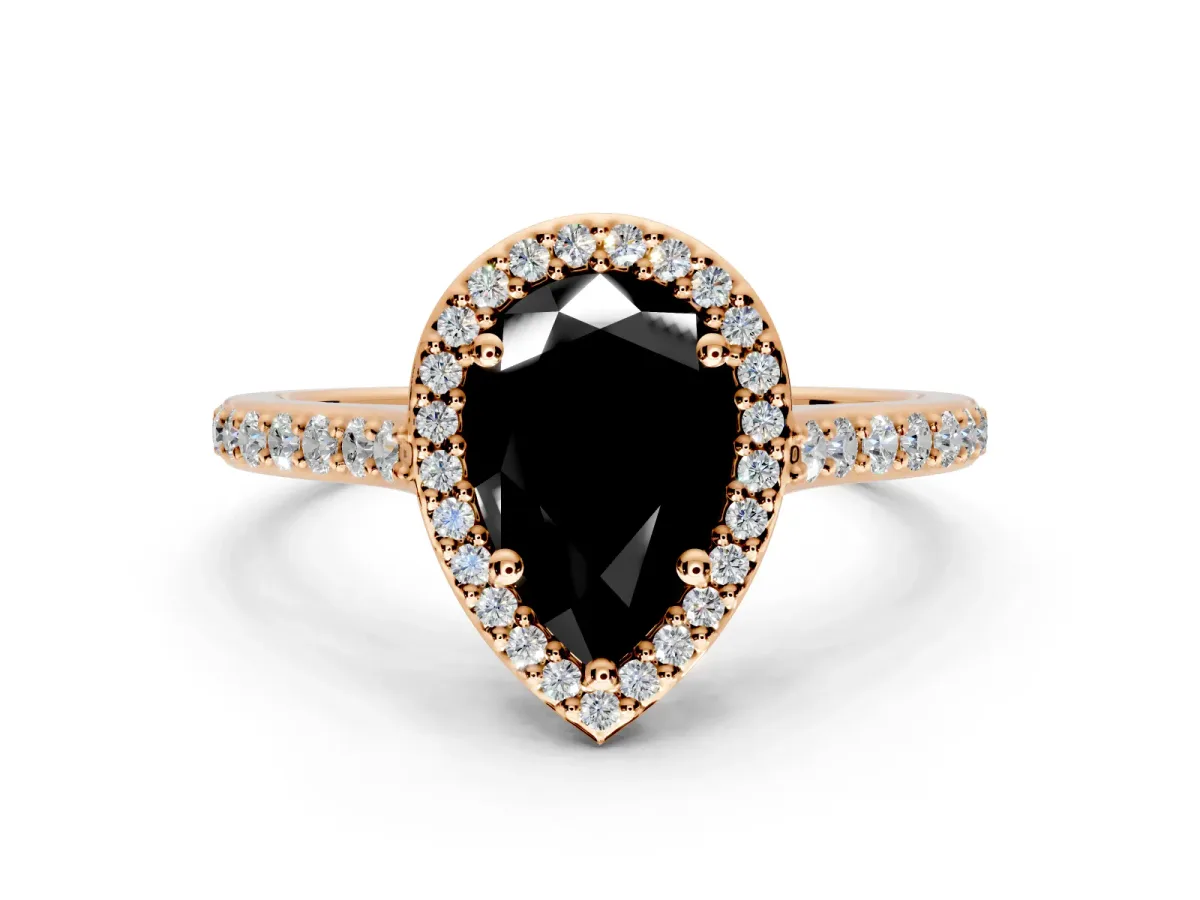 Halo Engagement Ring Setting for Fancy Black Pear-Shaped Center with Pave Accents, Heart Basket and Prong Head in Rose Gold
