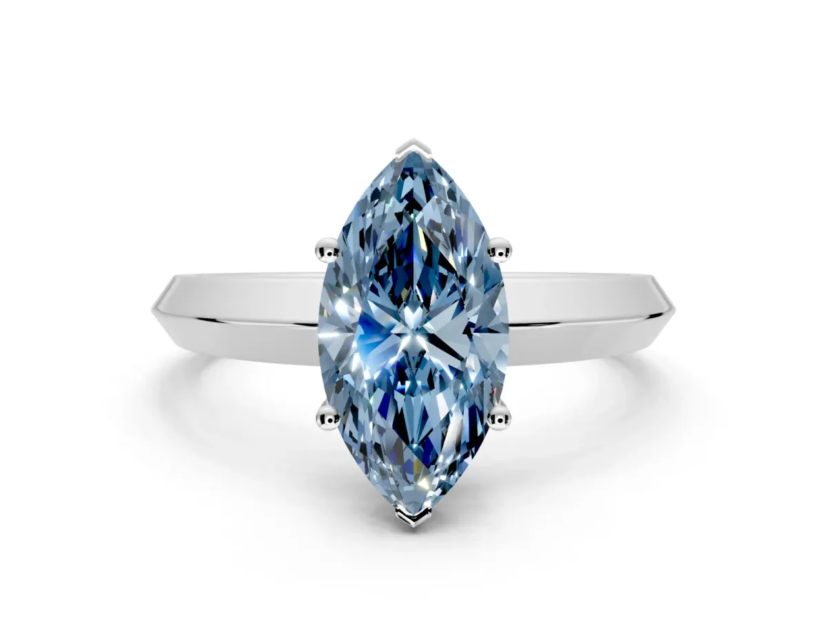 Solitaire Engagement Ring Setting for Fancy Blue Marquise Center with Wide Knife Ridge Band and Prong Head in White Gold