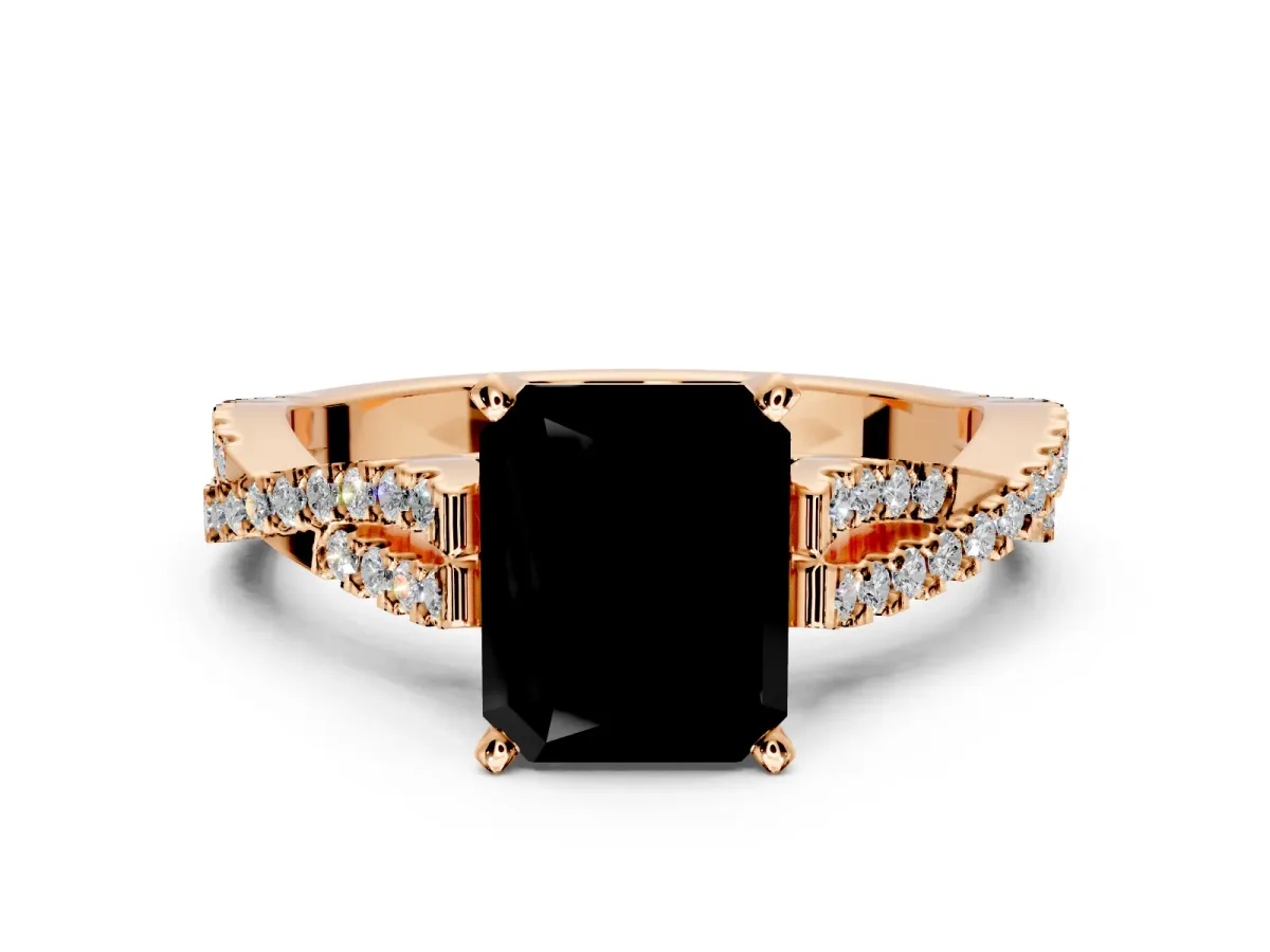 Solitaire Engagement Ring Setting for Fancy Black Radiant Cut Center with Twisted Pave Split Shank and Prong Head in Rose Gold