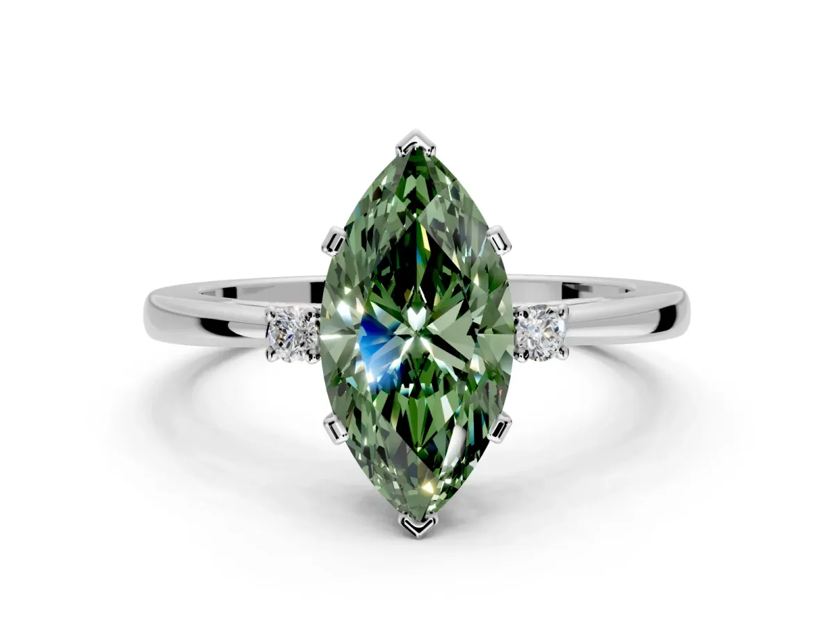 3 Stone Engagement Ring Setting for Fancy Green Marquise Center with Low-Set Round Cut Accents and Prong Head in Sterling Silver