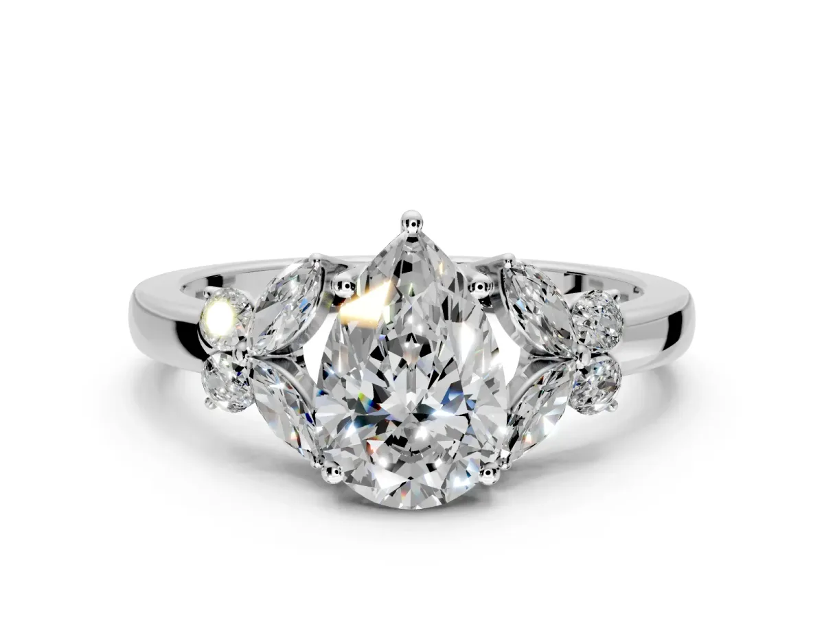 Solitaire Engagement Ring Setting for Pear-Shaped Center with Marquise Flower Shoulders and Prong Head in White Gold