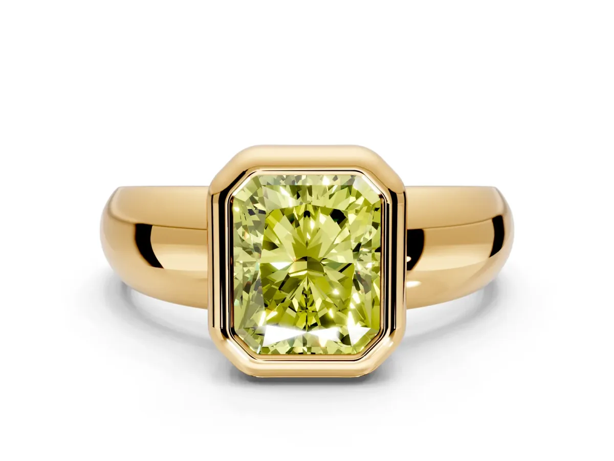 Solitaire Engagement Ring Setting for Fancy Yellow Radiant Cut Center with Wide Band and Bezel Head in Yellow Gold