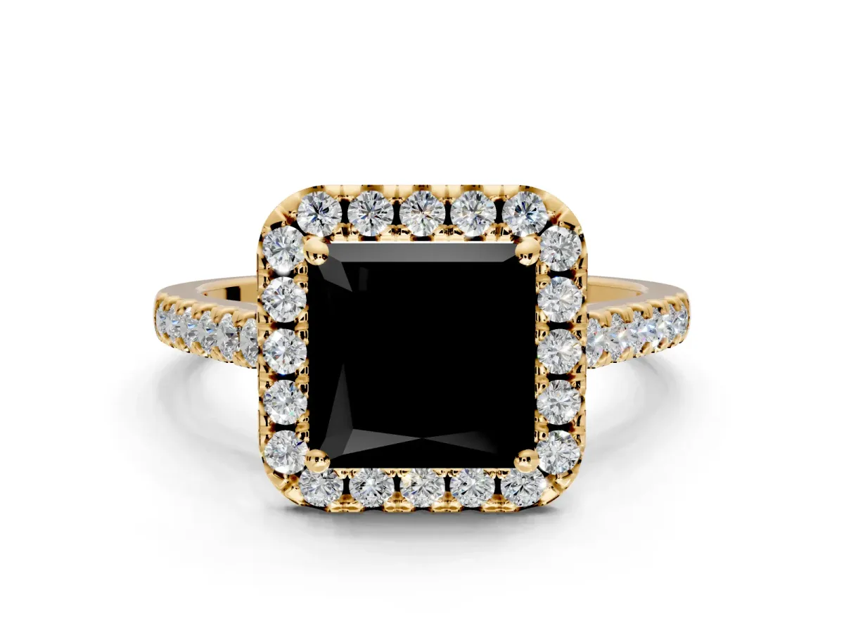 Halo Engagement Ring Setting for Fancy Black Princess Cut Center with Narrowing Pave Band and Prong Head in Yellow Gold