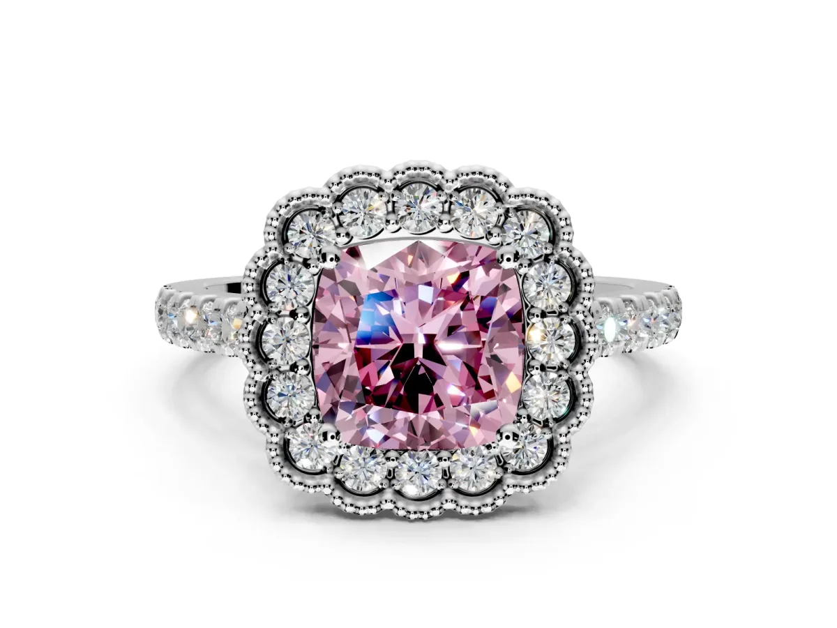 Milgrain Floral Halo Engagement Ring Setting for Fancy Pink Cushion Cut Center with Pave Band and Prong Head in White Gold