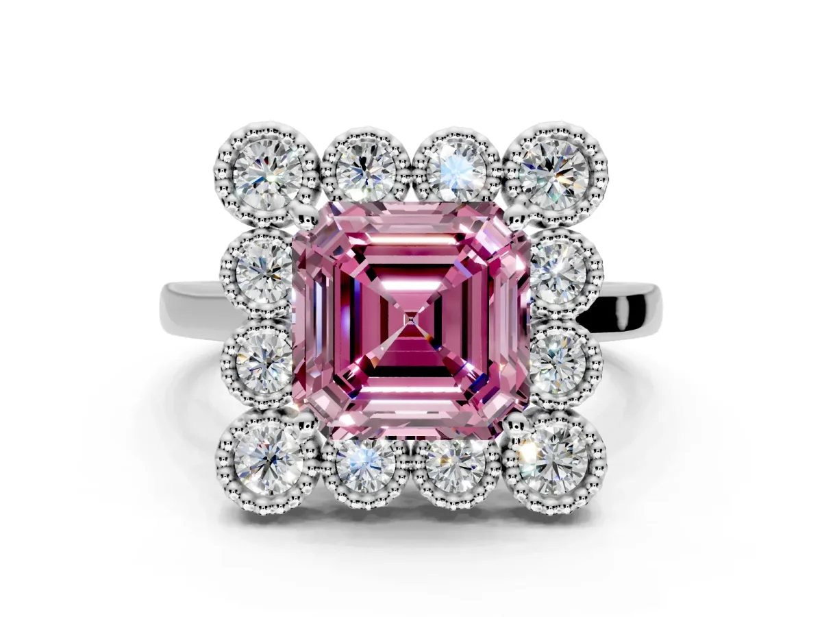 Cluster Halo Engagement Ring Setting for Fancy Pink Asscher Cut Center with Milgrain Bezel Accents and Prong Head in Sterling Silver