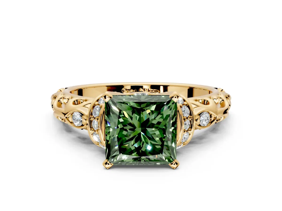 Solitaire Engagement Ring Setting for Fancy Green Princess Cut Center with Filigree Band and Prong Head in Yellow Gold