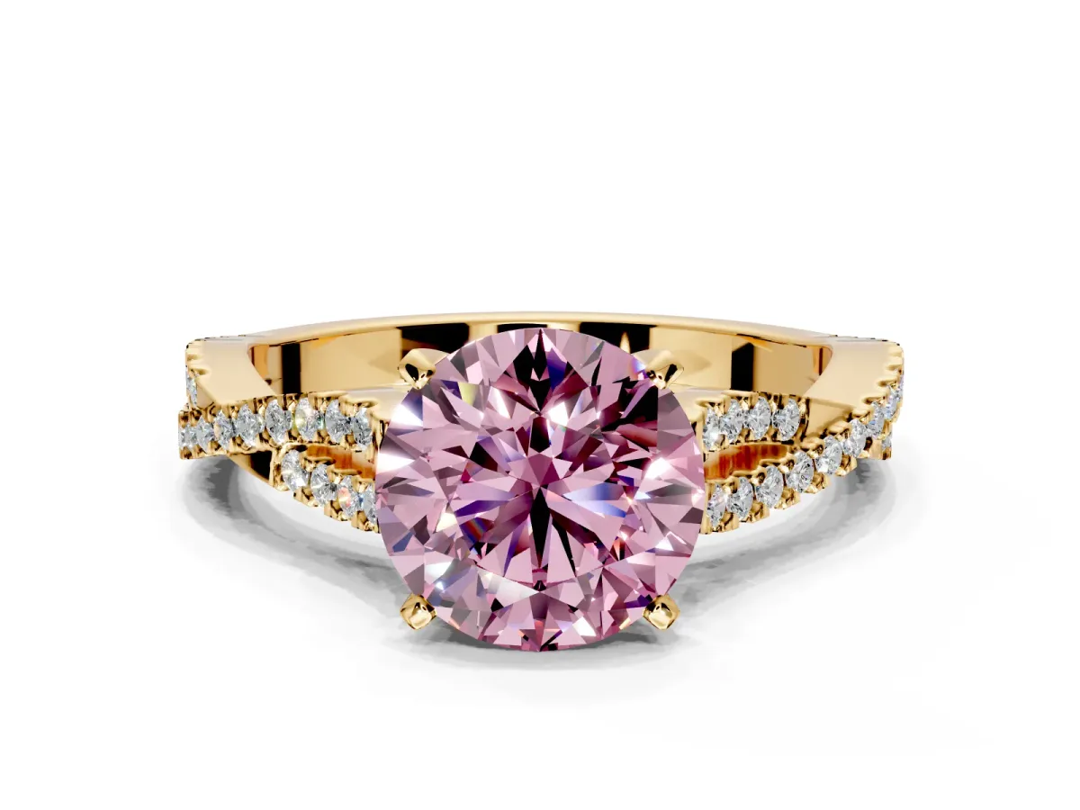 Solitaire Engagement Ring Setting for Fancy Pink Round Cut Center with Twisted Pave Split Shank and Prong Head in Yellow Gold