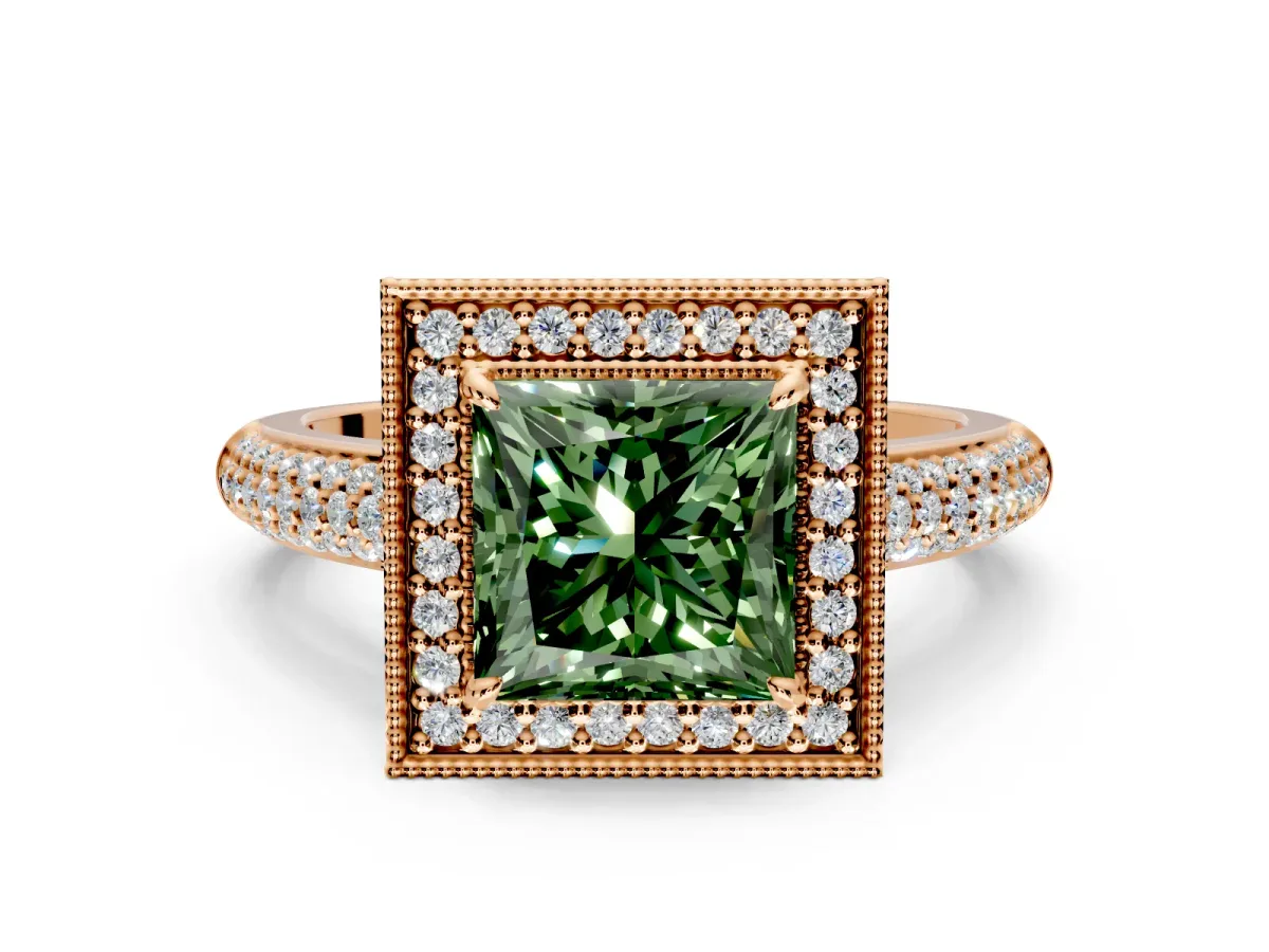 Milgrain Halo Engagement Ring Setting for Fancy Green Princess Cut Center with Three-Sided Pave Band and Prong Head in Rose Gold