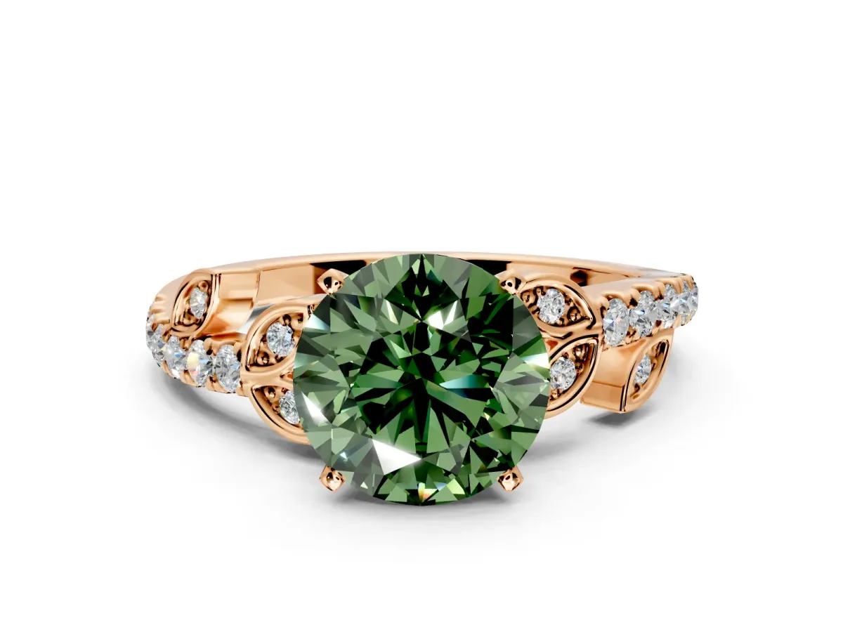 Leaf Motif Engagement Ring Setting for Fancy Green Round Cut Center with Pave Band and Prong Head in Rose Gold