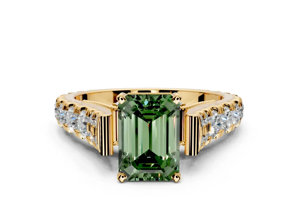 Solitaire Engagement Ring Setting for Fancy Green Emerald Cut Center with Pave Cathedral Shoulders and Prong Head in Yellow Gold