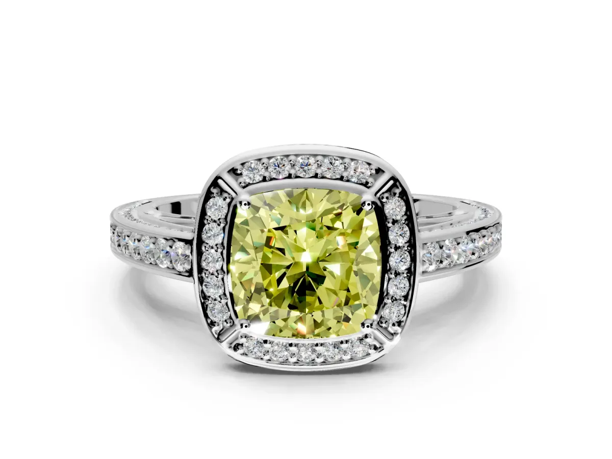 Halo Engagement Ring Setting for Fancy Yellow Cushion Cut Center with Framed Halo, Pave Band and Prong Head in White Gold