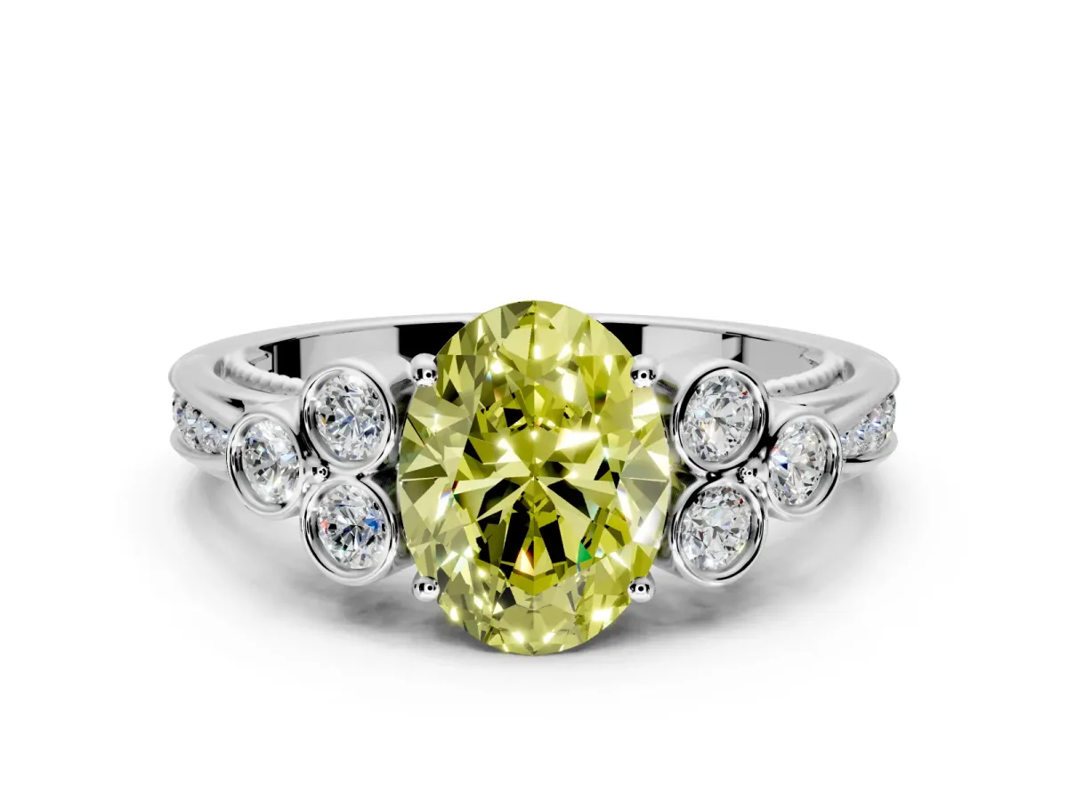 Cluster Engagement Ring Setting for Fancy Yellow Oval Center with Bezel Accent Clusters and Prong Head in Platinum