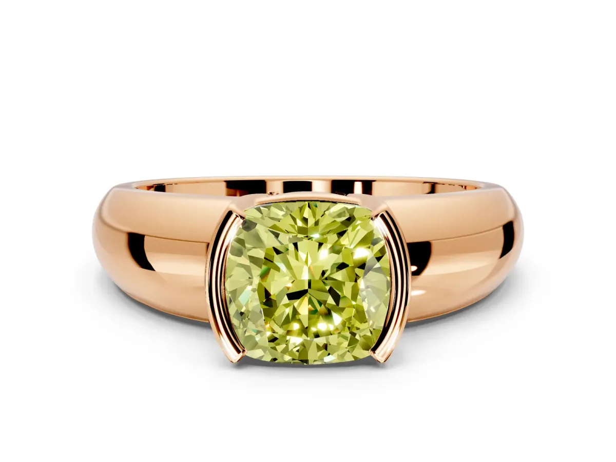 Tension Engagement Ring Setting for Fancy Yellow Cushion Cut Center with Wide Flat Band and Tension Head in Rose Gold