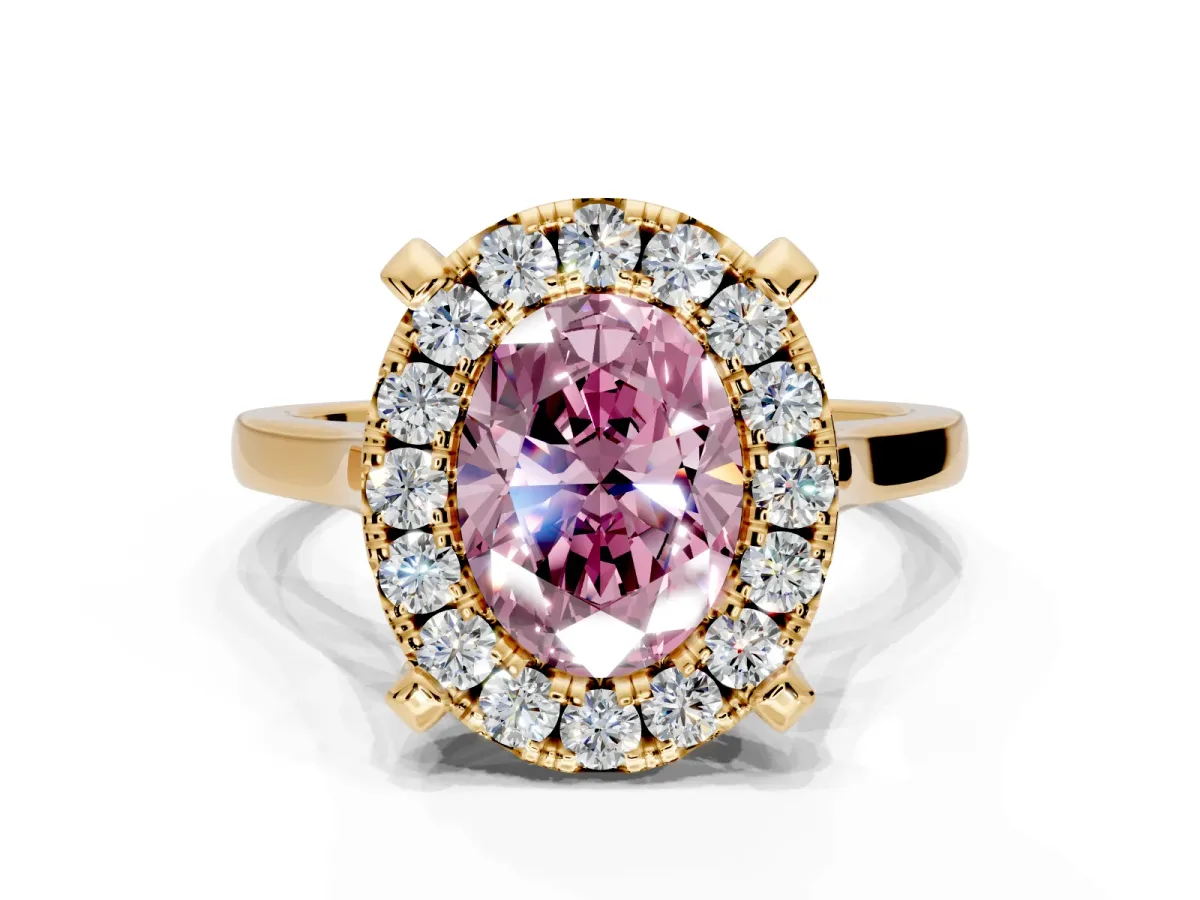 Single Halo Engagement Ring Setting for Fancy Pink Oval Center with Corner Claws, Plain Band and Prong Head in Yellow Gold