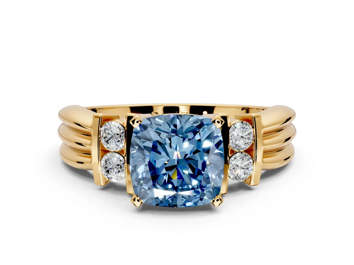 Solitaire Engagement Ring Setting for Fancy Blue Cushion Cut Center with Grooved Bar Accent Band and Prong Head in Yellow Gold