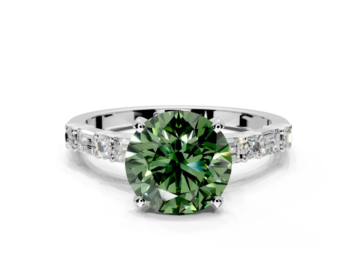 Baguette Engagement Ring Setting for Fancy Green Round Cut Center with Alternating Bar-Set Band and Prong Head in Platinum